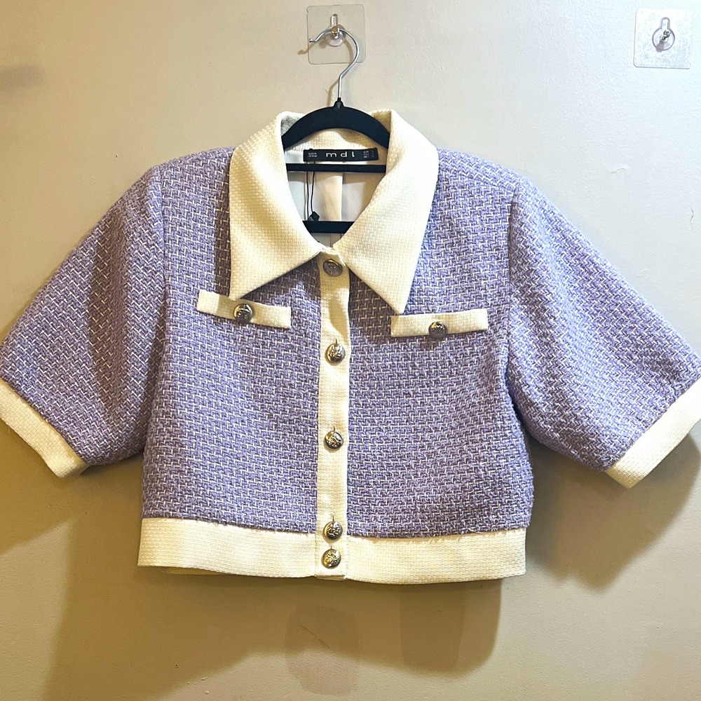 mdl Women's Purple Short Cropped Jacket M Button Front Collared Short Sleeve